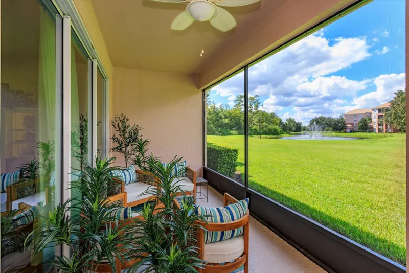 Screened lanai with pond view