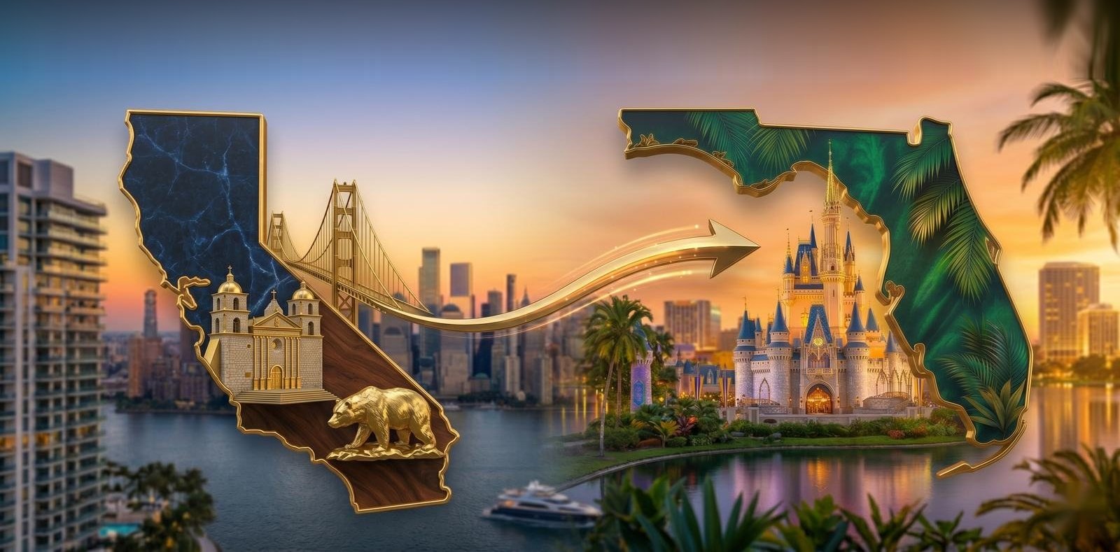 Moving from California to Florida - the California outline with the Golden Gate Bridge and a redwood beside a palm-lined Florida map with the Orlando castle, a gold arrow marking the relocation to Central Florida