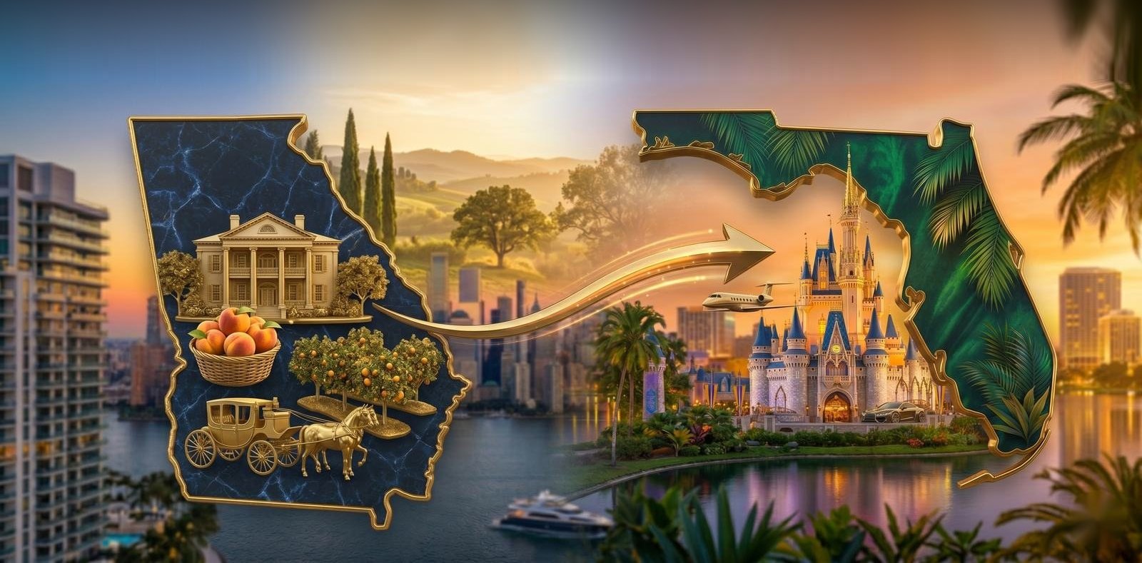 Moving from Georgia to Florida - the Georgia outline with Atlanta landmarks and a peach beside a palm-lined Florida map with the Orlando castle, a gold arrow marking the relocation to Central Florida