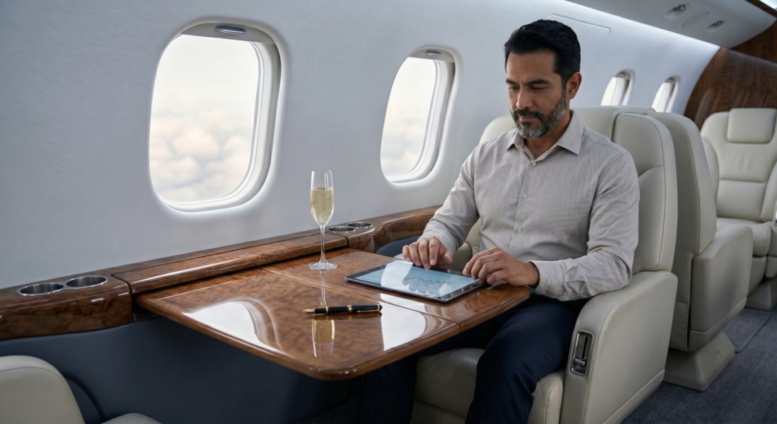 Physician reviewing work on a tablet aboard a private jet with a burl-wood cabin