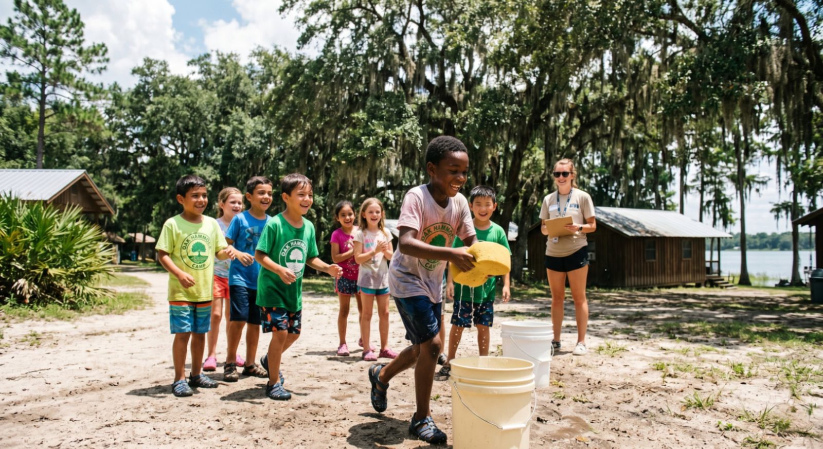 Children playing a relay game at a lakeside Central Florida summer camp