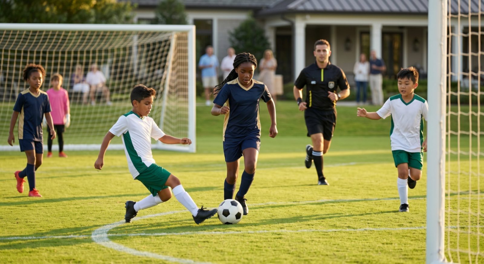 Youth soccer players competing in a match at golden hour