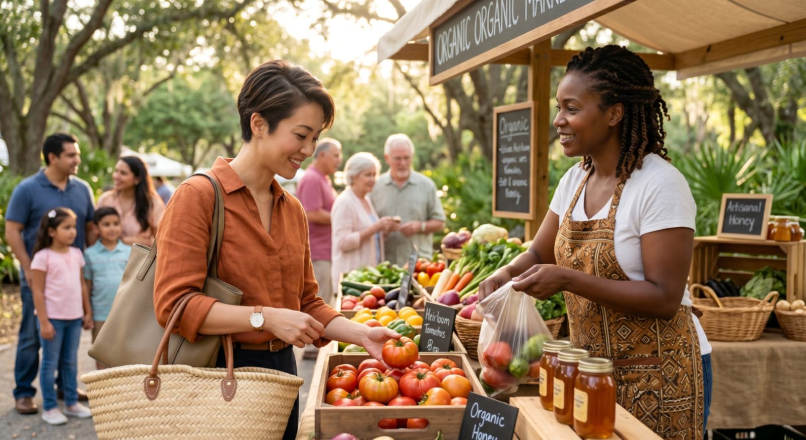 Family shopping at a Central Florida organic farmers market