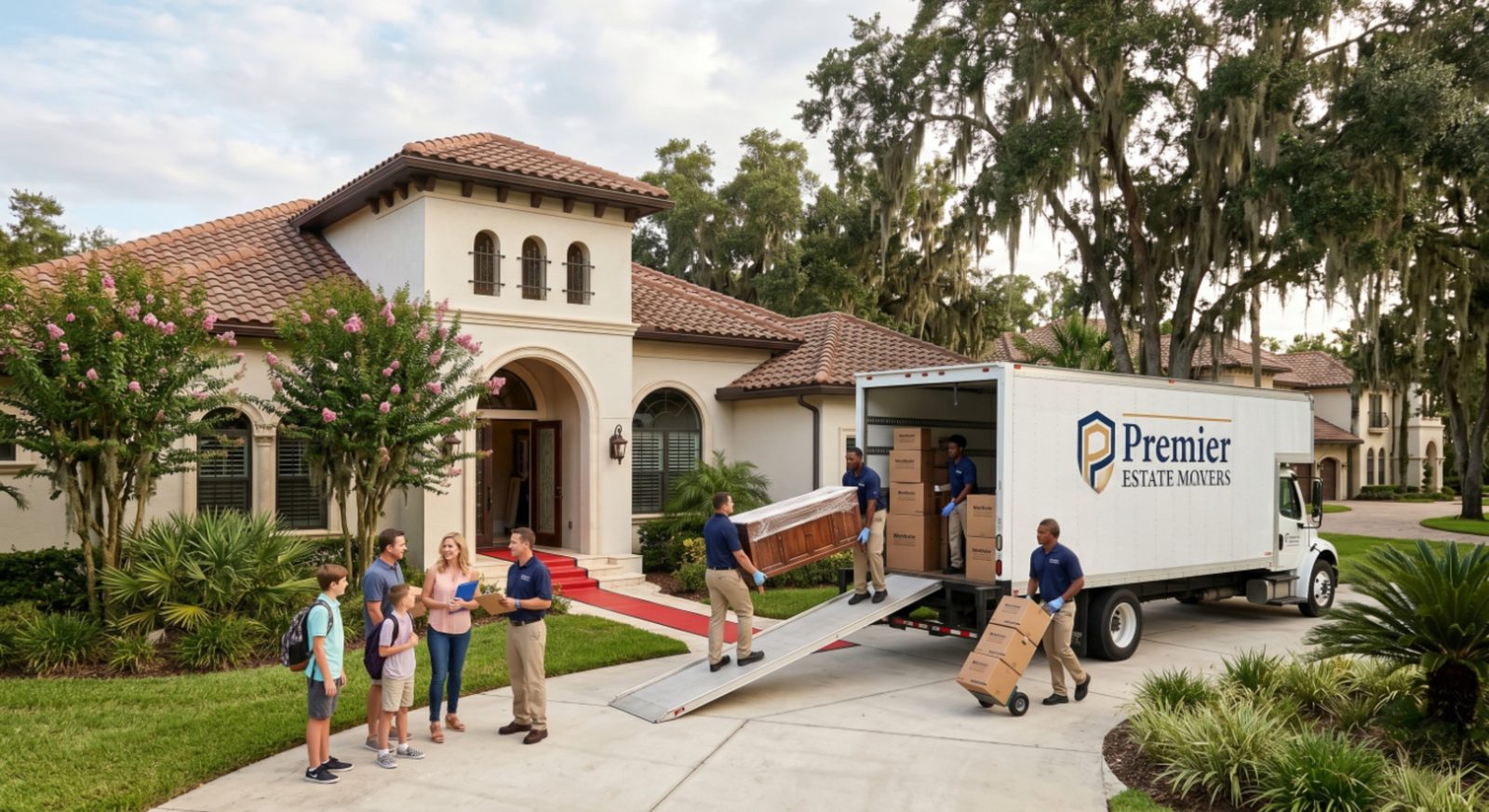 White-glove movers carrying furniture from a truck at a luxury Central Florida estate