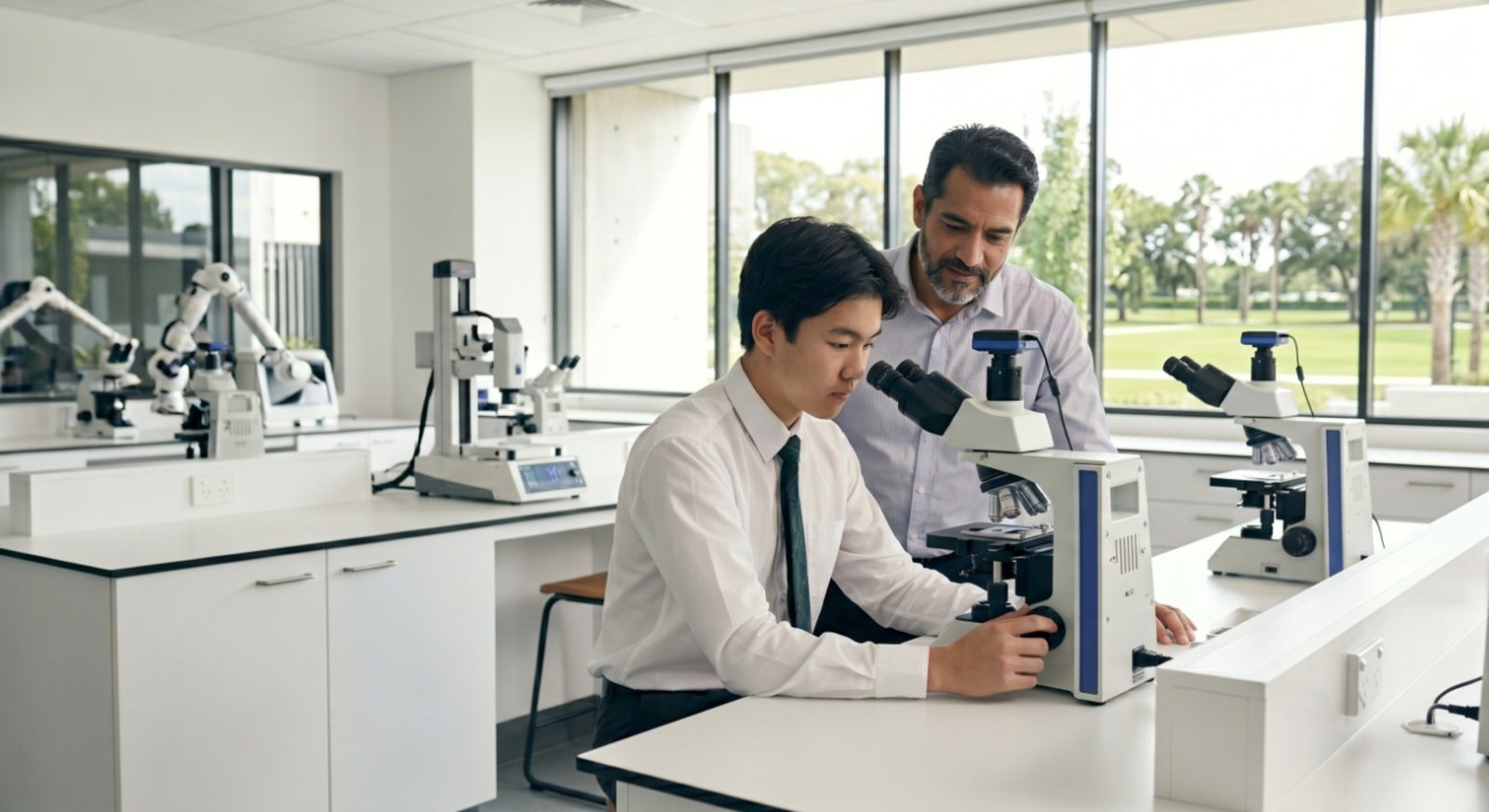 Student and teacher at a microscope in a modern private-school science lab