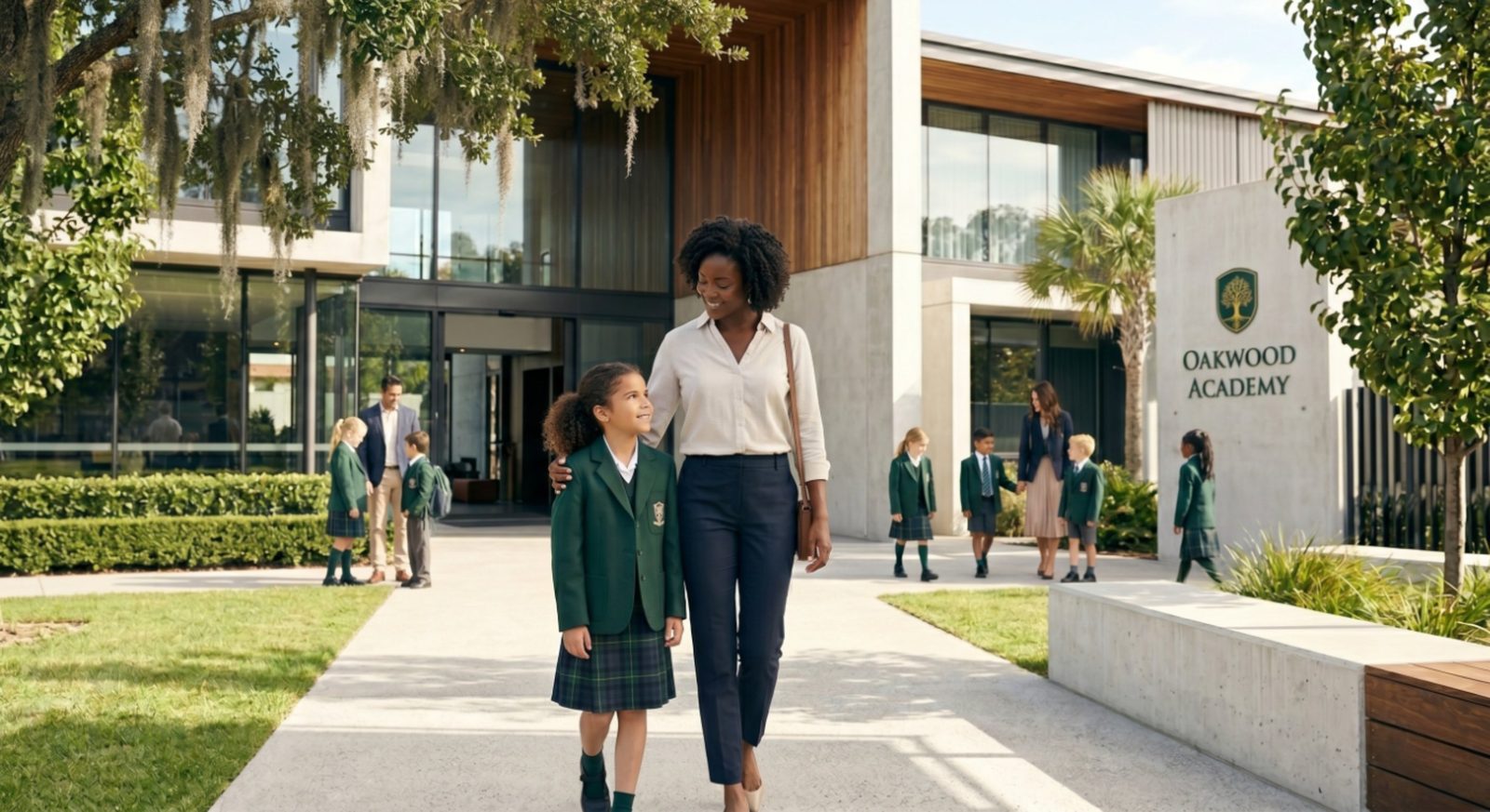Parent and child in uniform walking the campus of a private academy in Central Florida