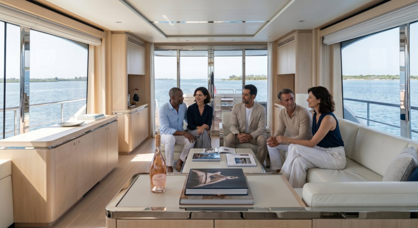 Friends gathered in the bright salon of a luxury yacht on the water