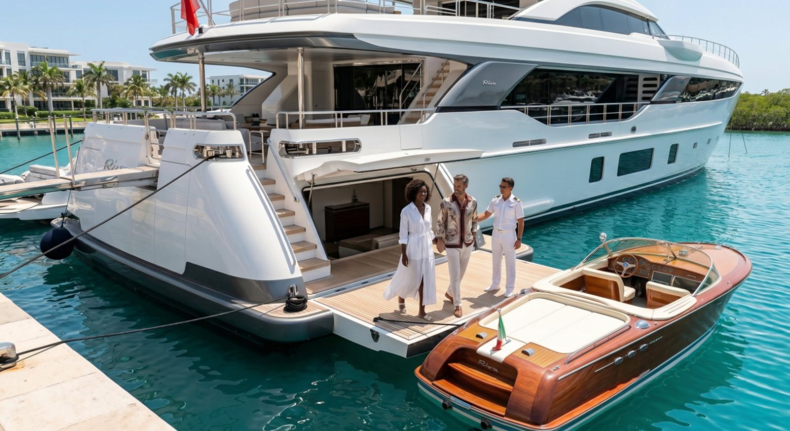 Couple boarding a superyacht with a classic wood tender at a Central Florida marina