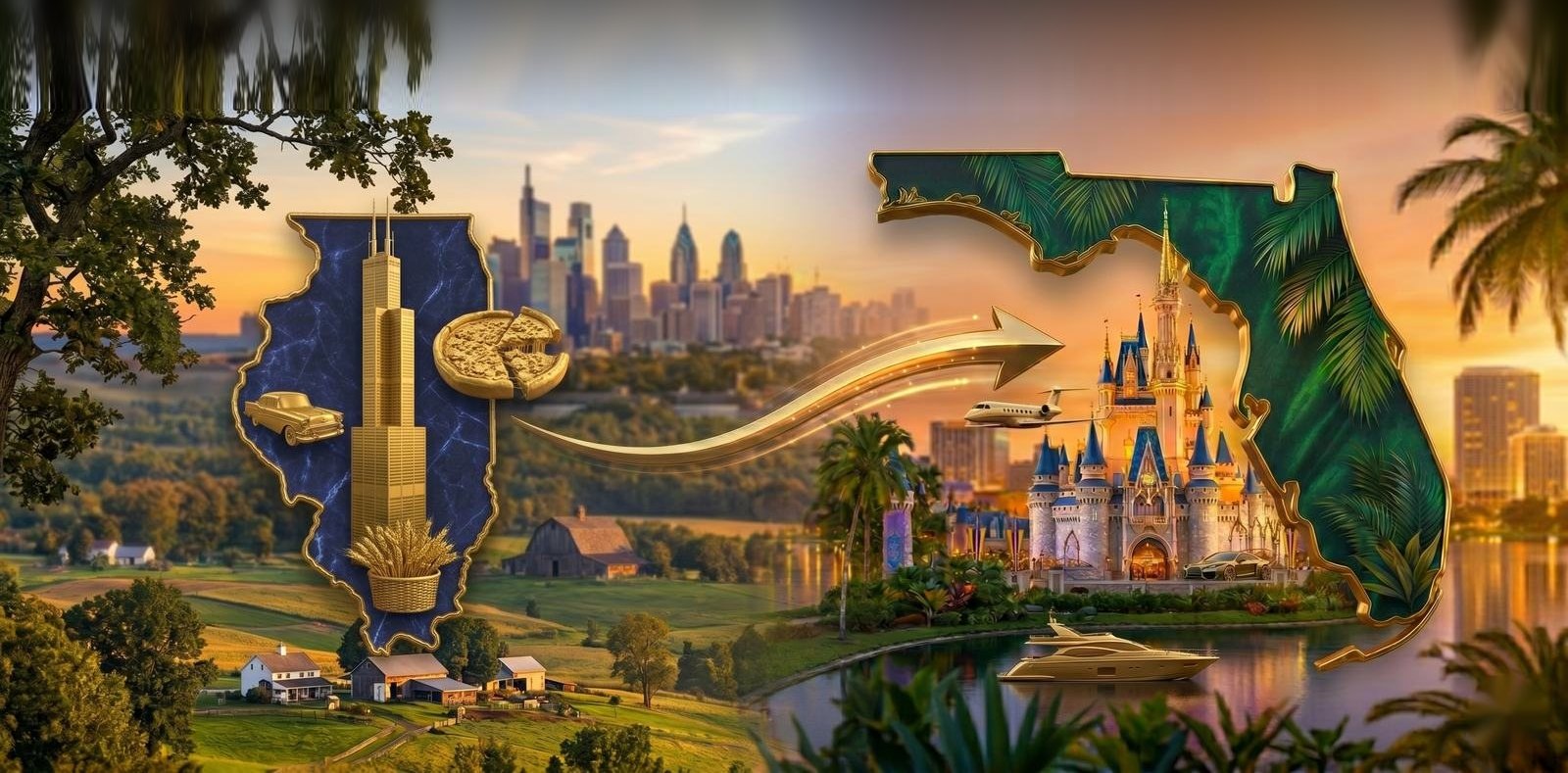 Moving from Illinois to Florida - the Illinois outline with the Chicago skyline and Willis Tower beside a palm-lined Florida map with the Orlando castle, a gold arrow marking the relocation to Central Florida