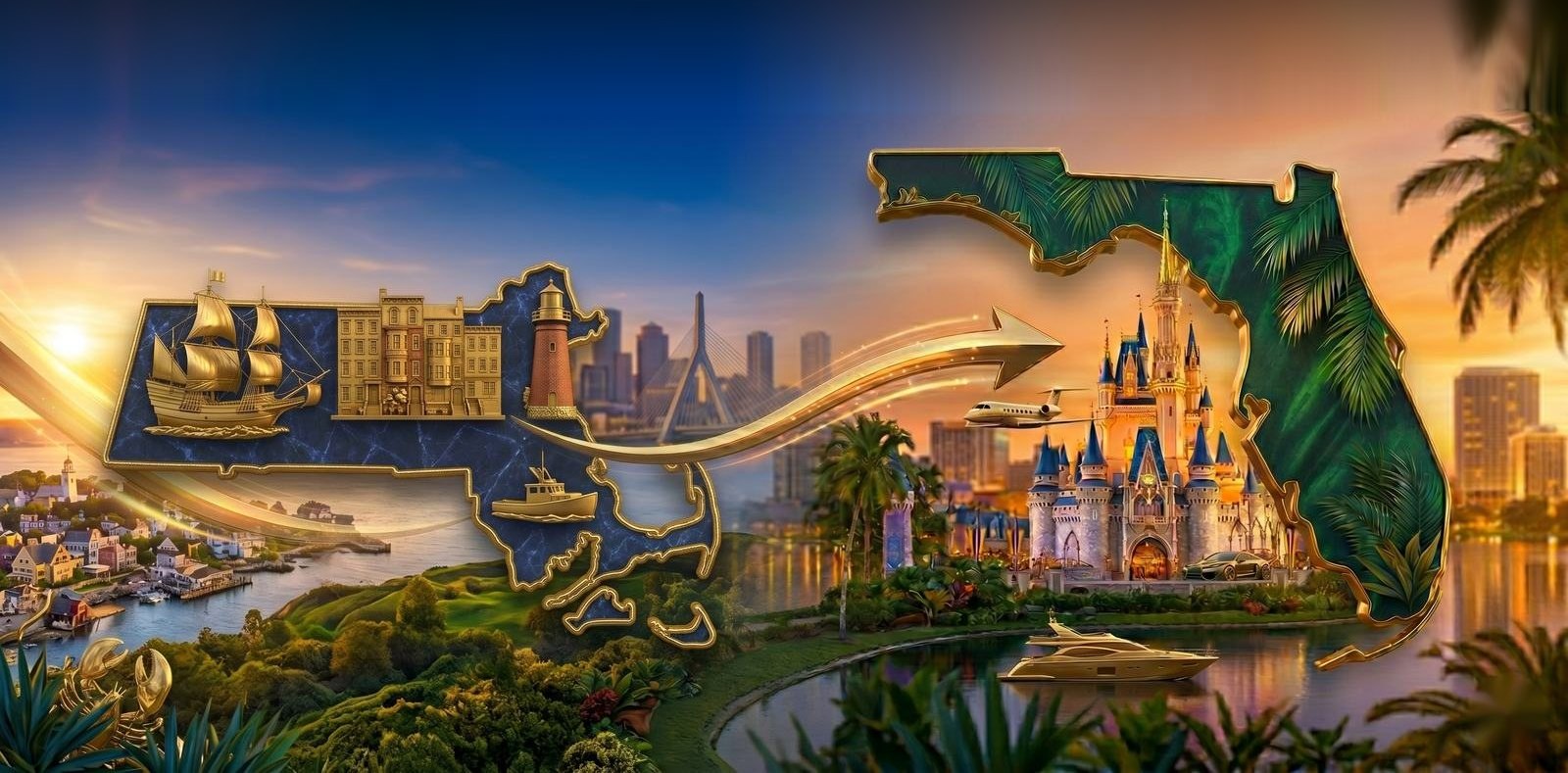 Moving from Massachusetts to Florida - the Massachusetts outline with Boston landmarks beside a palm-lined Florida map with the Orlando castle, a gold arrow marking the relocation to Central Florida