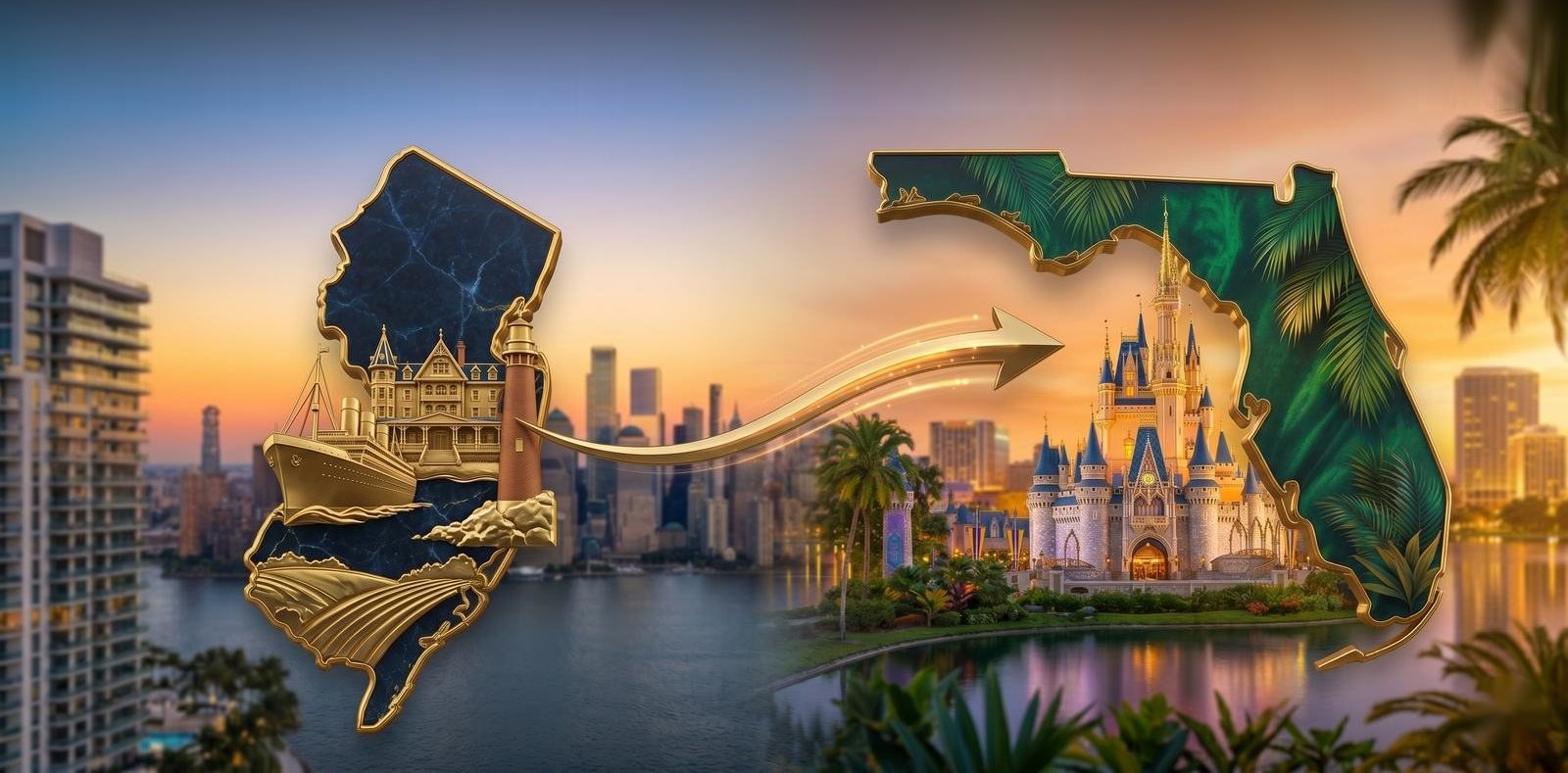Moving from New Jersey to Florida - the New Jersey outline with the shore, a lighthouse and a grand Victorian landmark beside a palm-lined Florida map with the Orlando castle, a gold arrow marking the relocation to Central Florida