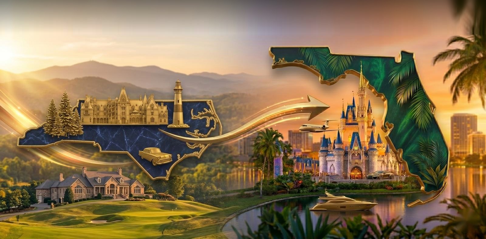 Moving from North Carolina to Florida - the North Carolina outline with the Blue Ridge Mountains and a lighthouse beside a palm-lined Florida map with the Orlando castle, a gold arrow marking the relocation to Central Florida