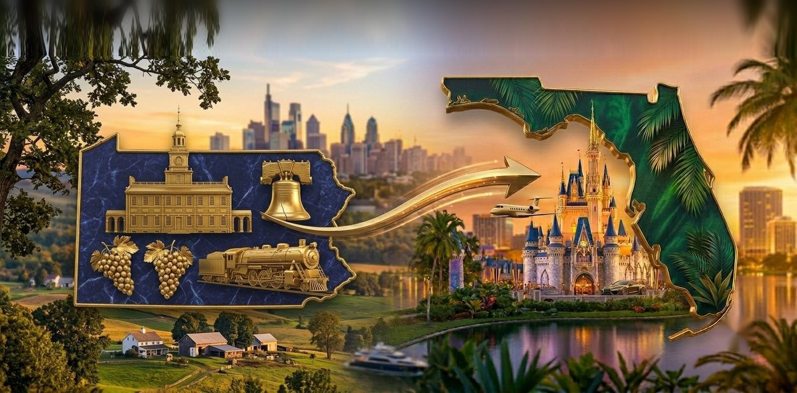 Moving from Pennsylvania to Florida - the Pennsylvania outline with Philadelphia landmarks beside a palm-lined Florida map with the Orlando castle, a gold arrow marking the relocation to Central Florida