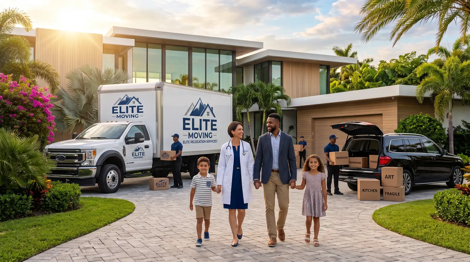 A physician and her family arriving at their new Central Florida home with a moving truck in the driveway