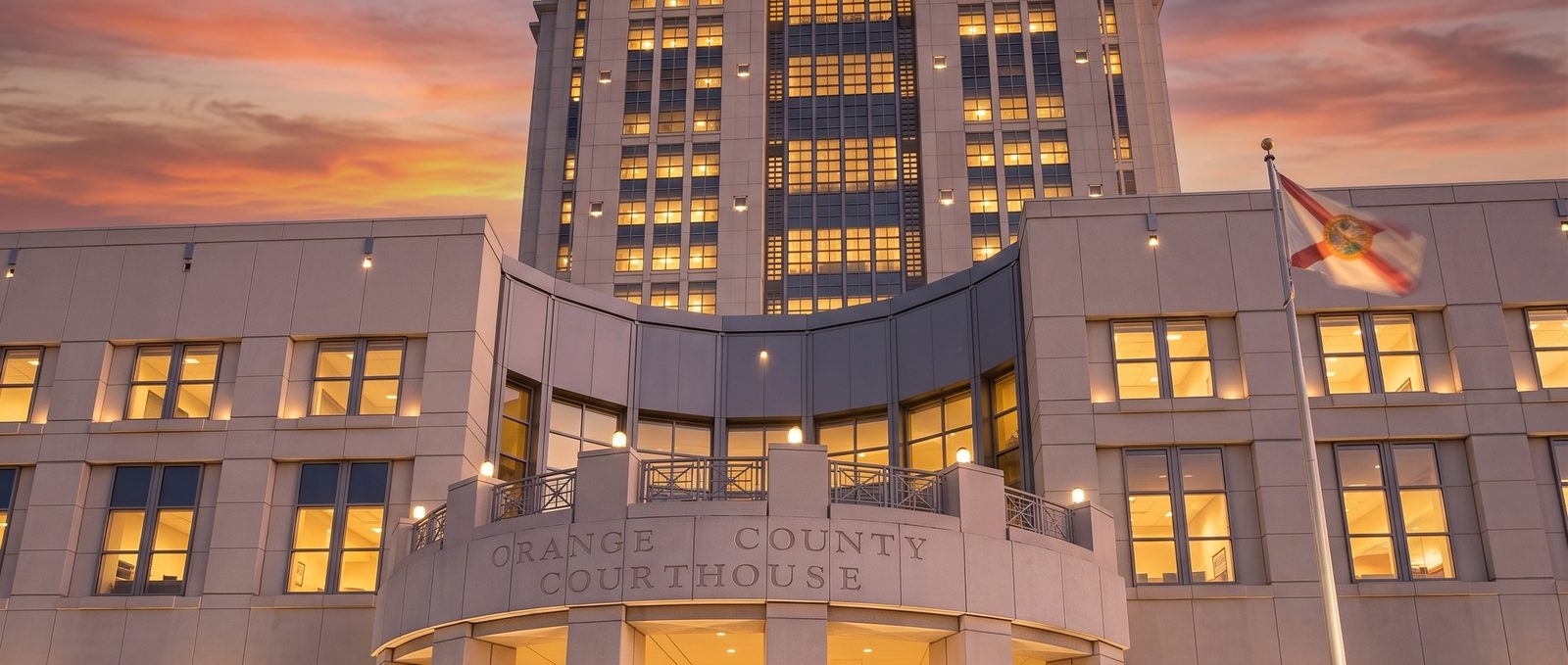 The Orange County Courthouse in downtown Orlando at dusk, home of the Ninth Judicial Circuit probate division where Orange County estates are administered