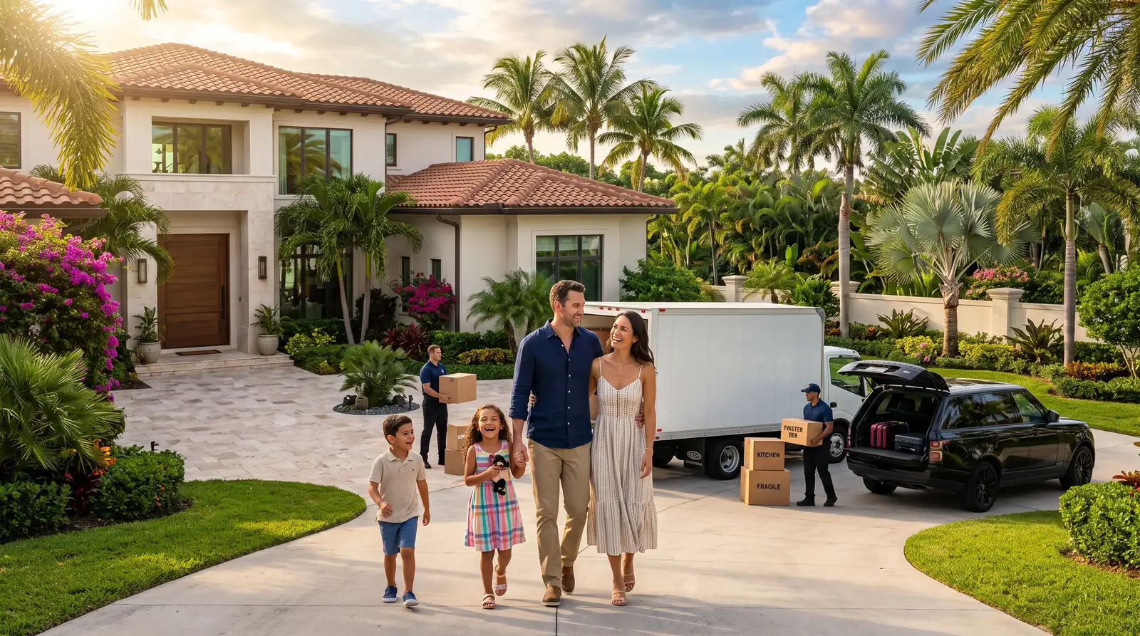 A family arriving at their new Central Florida home on moving day, with a moving truck in the driveway