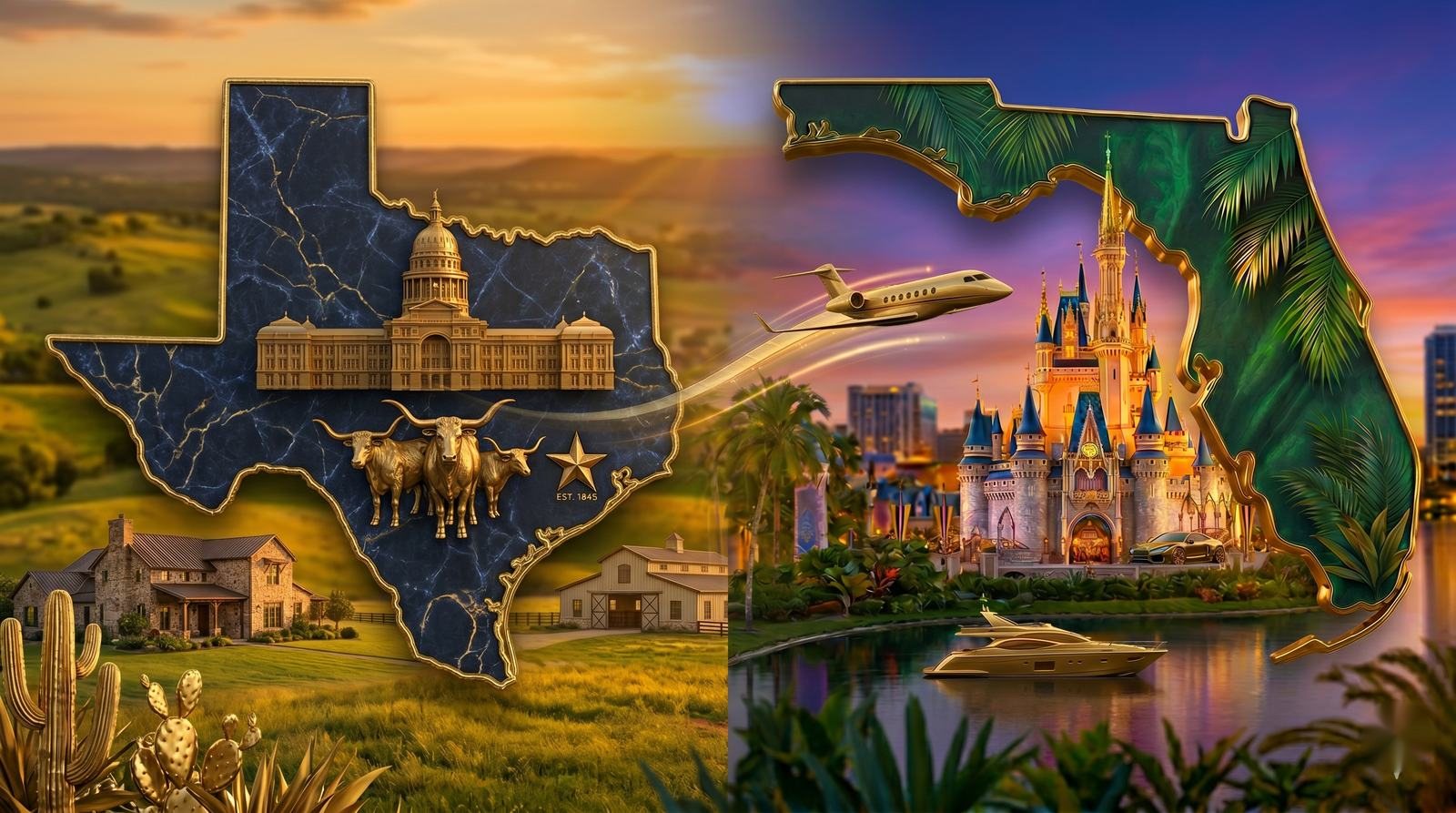 Moving from Texas to Florida - the Texas outline with iconic Texas landmarks and a gold arrow pointing to the State of Florida and the Orlando area, illustrating relocation from Texas to Central Florida