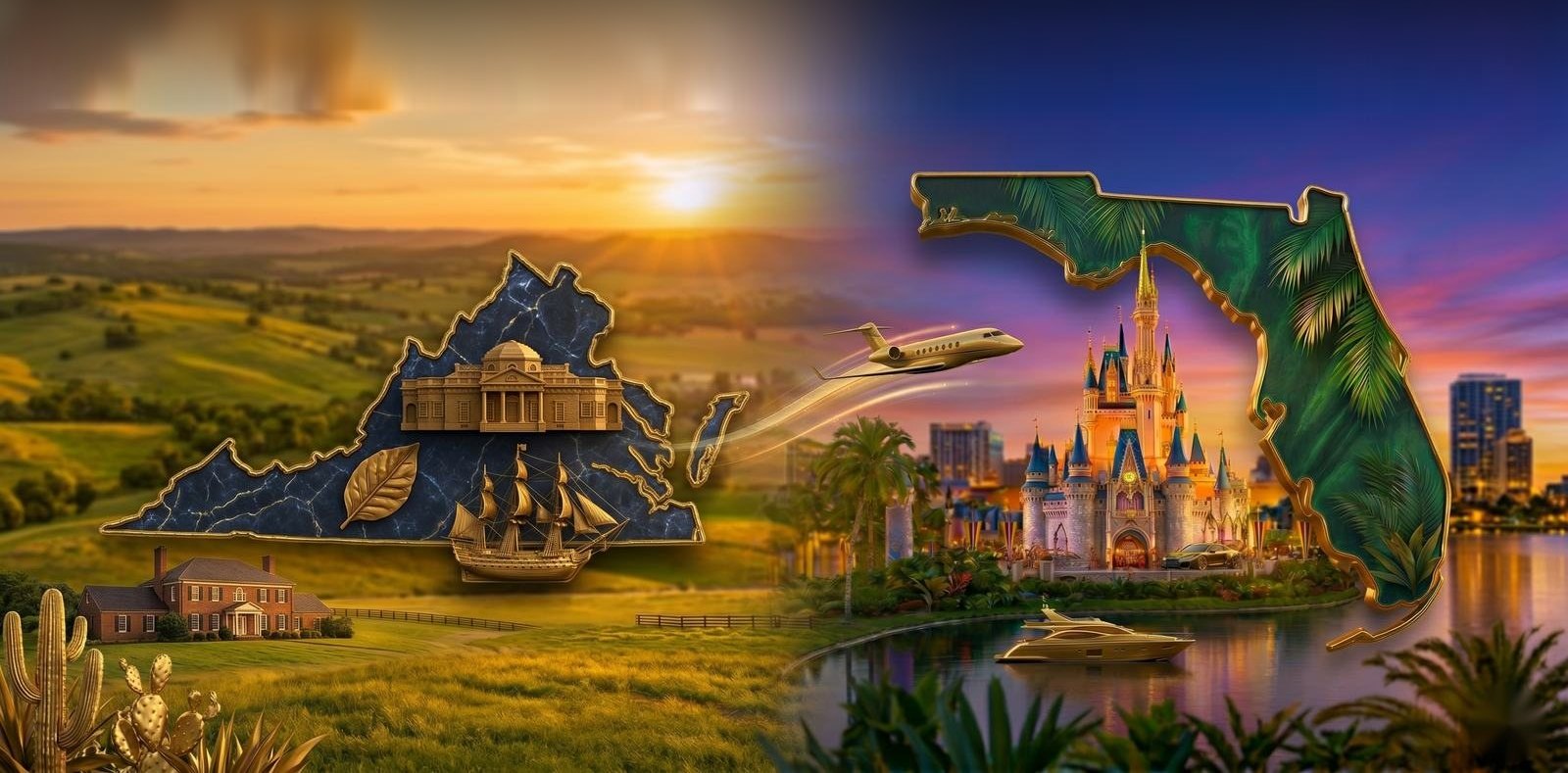 Moving from Virginia to Florida - the Virginia outline with Blue Ridge and colonial landmarks beside a palm-lined Florida map with the Orlando castle, a gold arrow marking the relocation to Central Florida